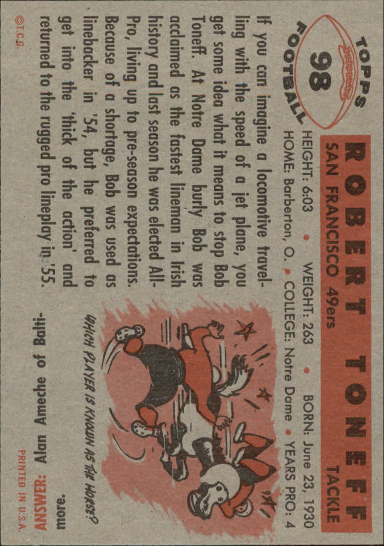 1956 Topps #98 Bob Toneff back image