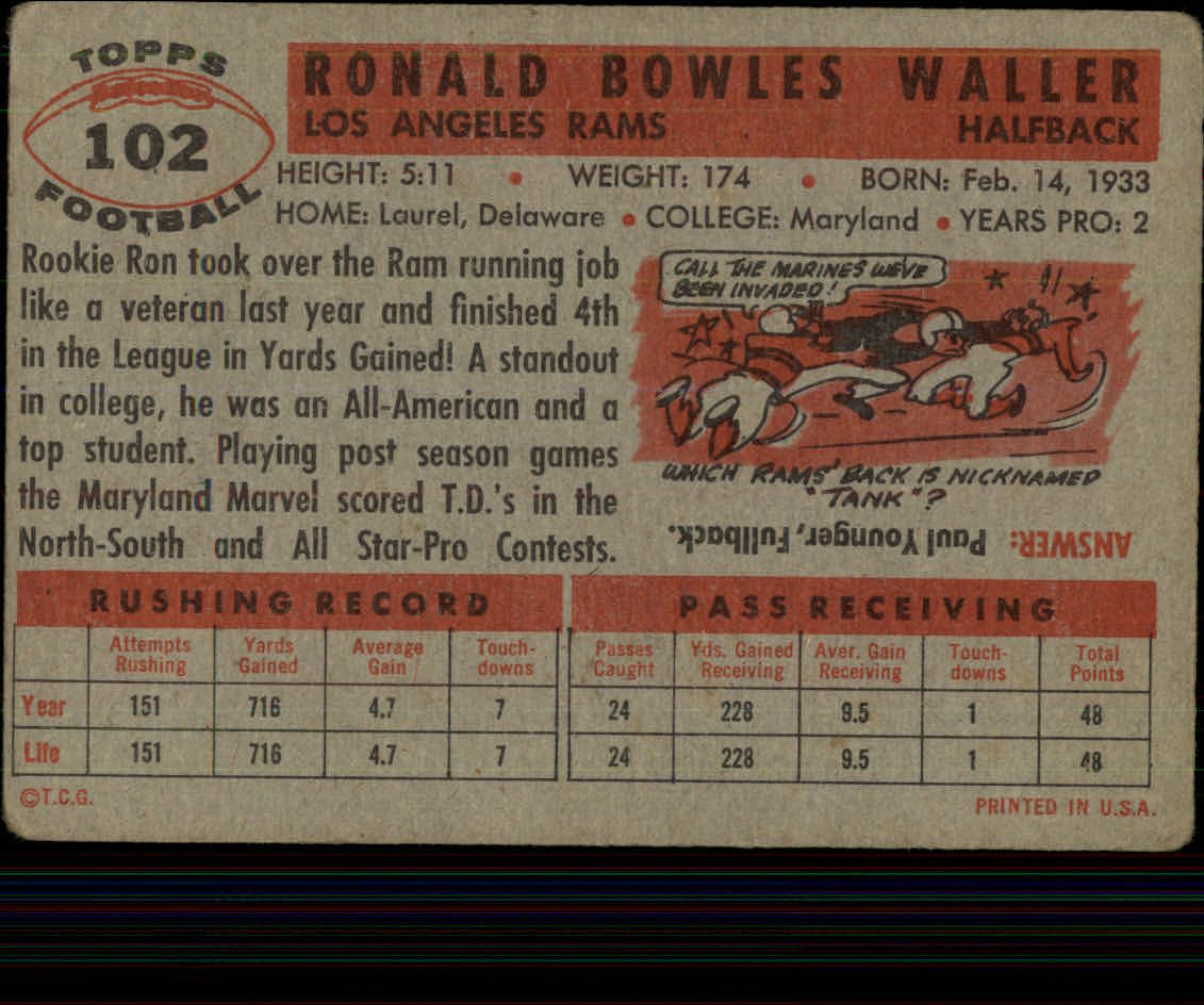 1956 Topps #102 Ron Waller RC back image