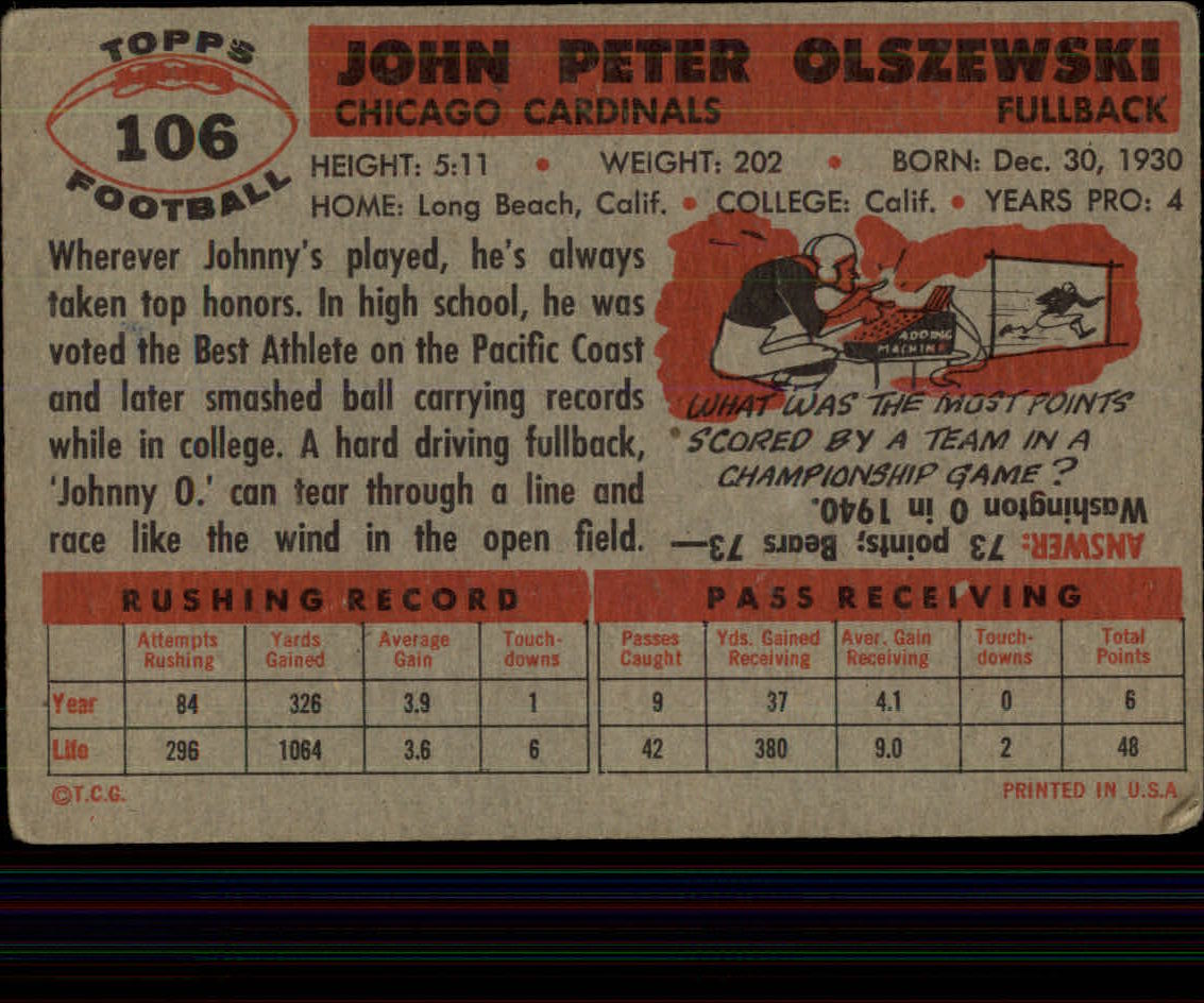 1956 Topps #106 John Olszewski SP back image