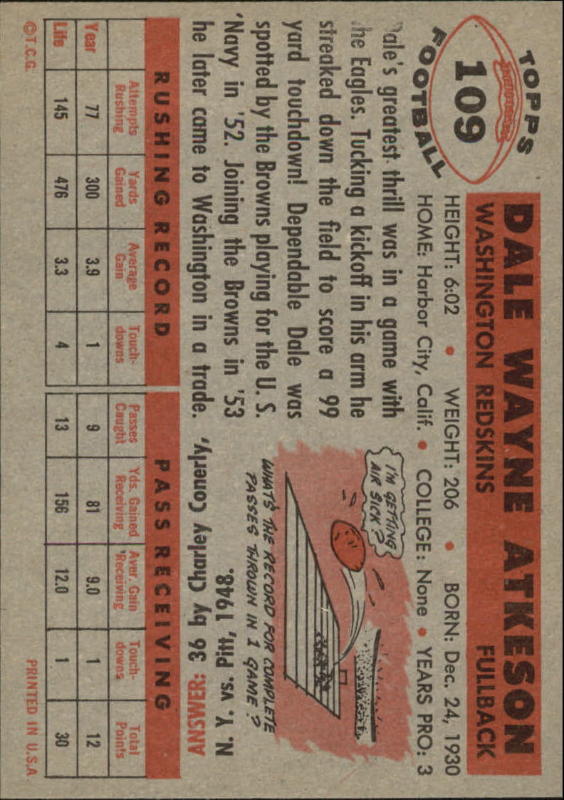 1956 Topps #109 Dale Atkeson SP back image
