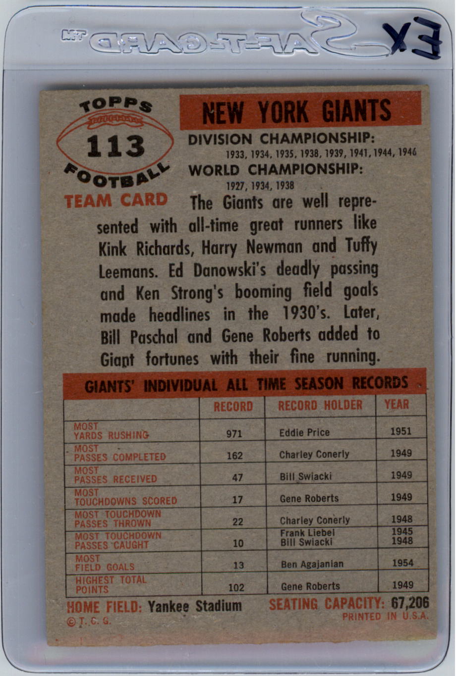 1956 Topps #113 New York Giants back image