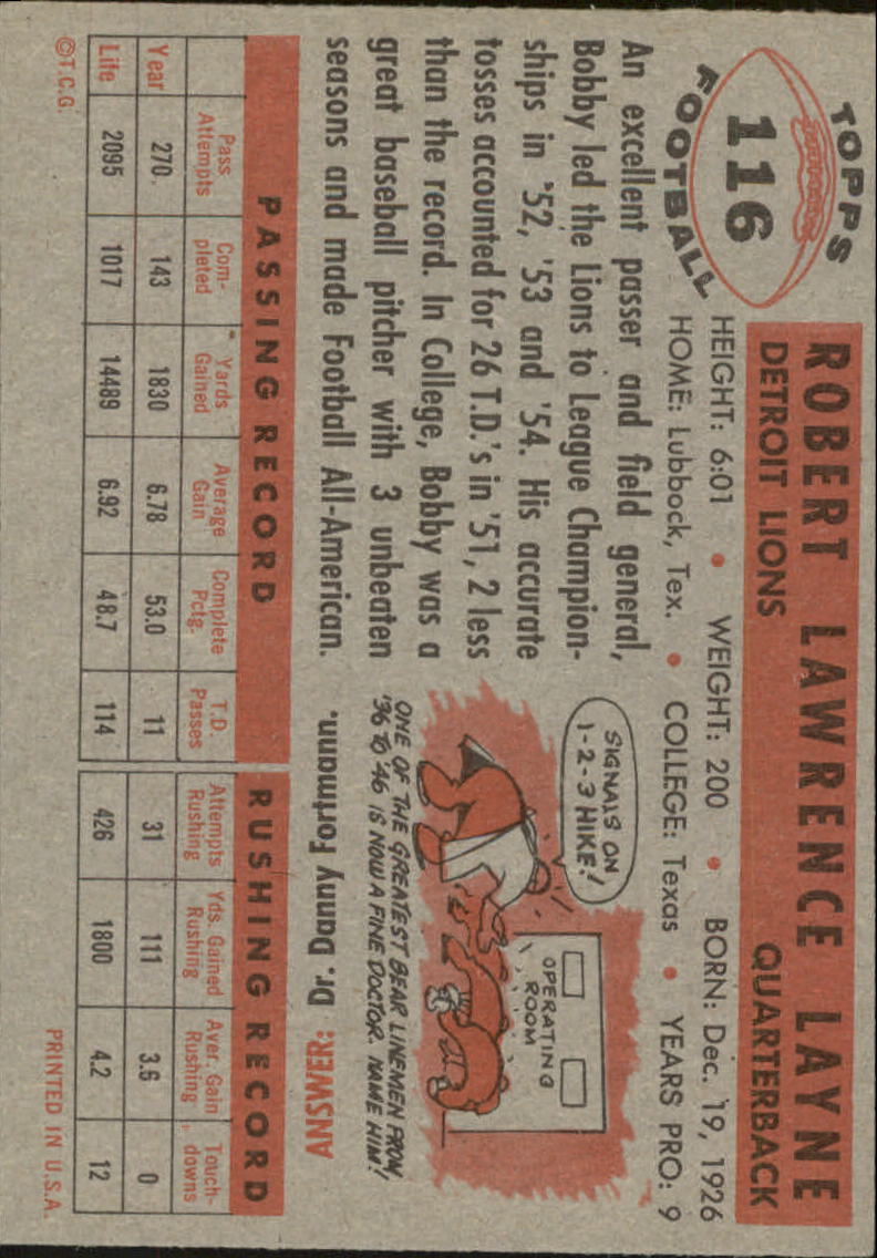 1956 Topps #116 Bobby Layne back image