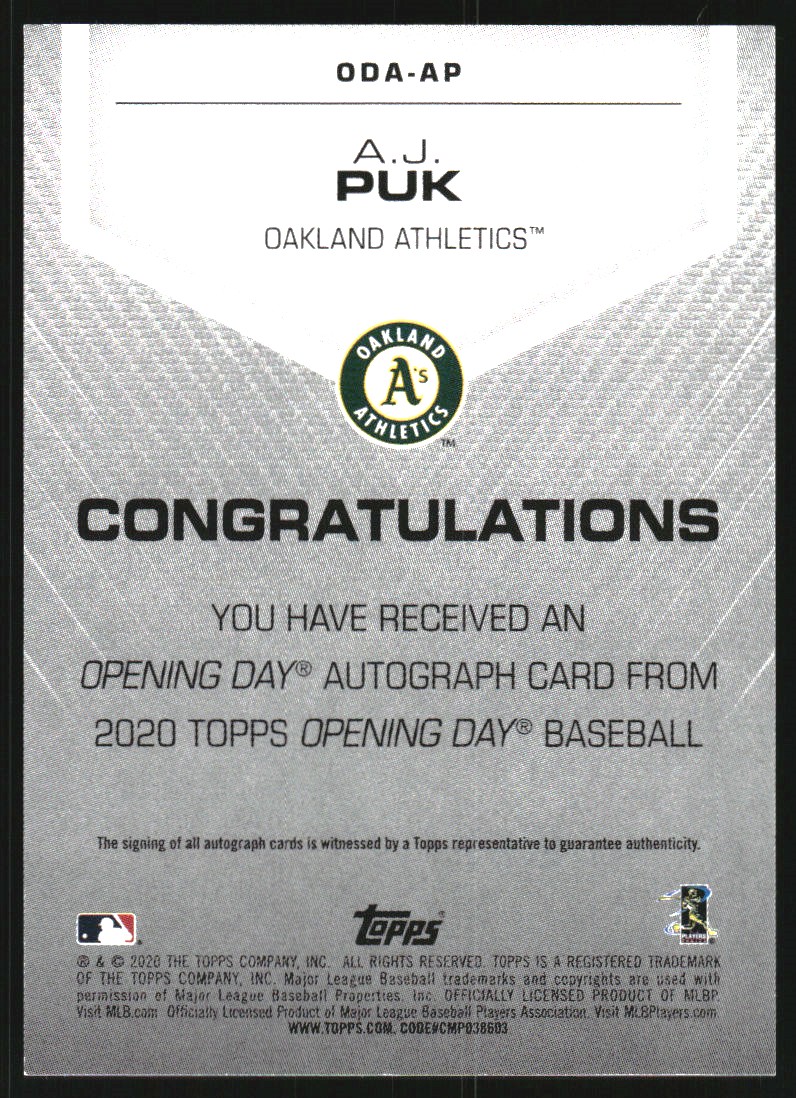 2020 Topps Opening Day Autographs #ODAAP A.J. Puk back image