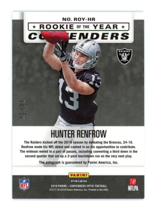 2019 Panini Contenders Optic Rookie of the Year Contenders Autographs Orange #13 Hunter Renfrow back image