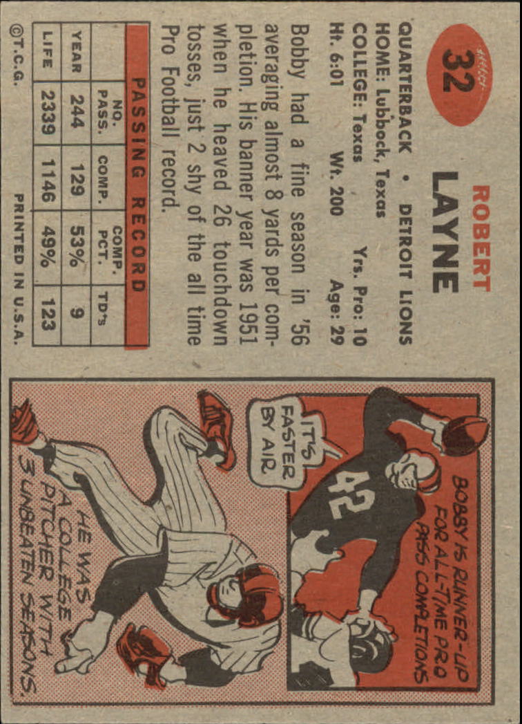 1957 Topps #32 Bobby Layne back image
