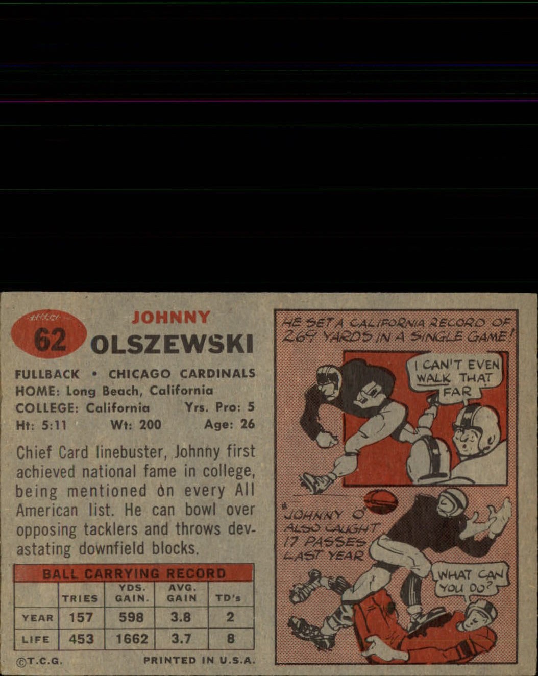 1957 Topps #62 John Olszewski back image