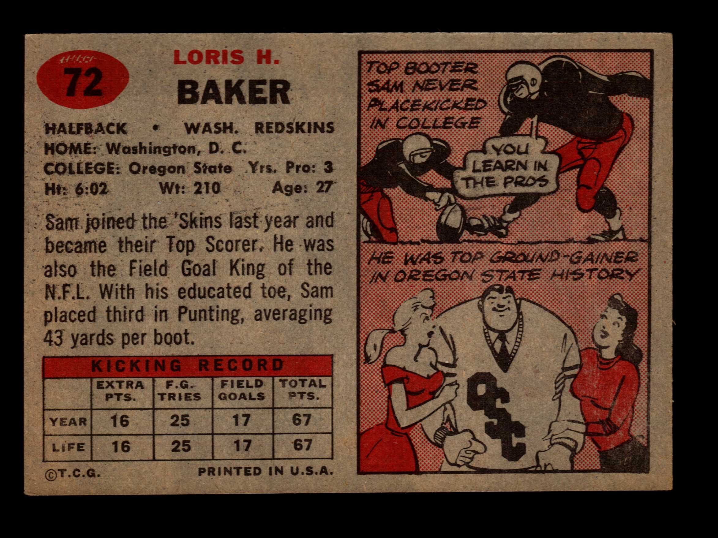 1957 Topps #72 Sam Baker RC back image