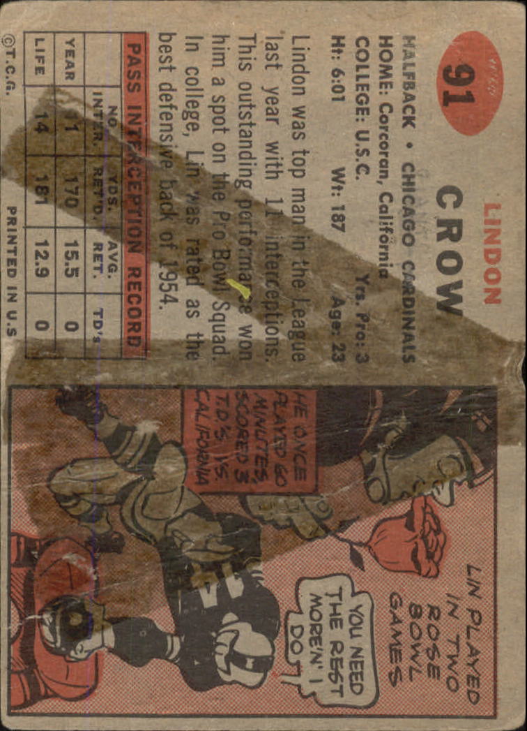1957 Topps #91 Lindon Crow DP back image