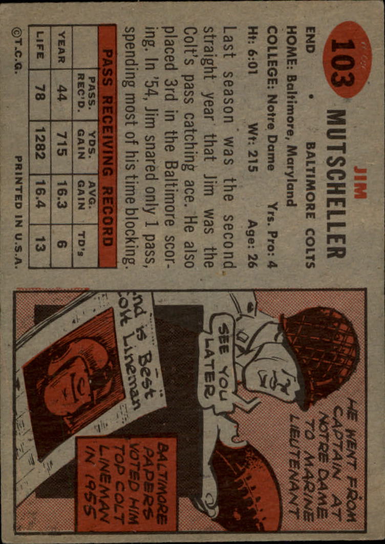 1957 Topps #103 Jim Mutscheller DP back image