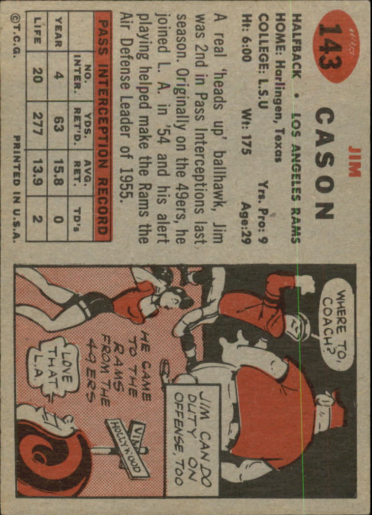 1957 Topps #143 Jim Cason DP RC back image
