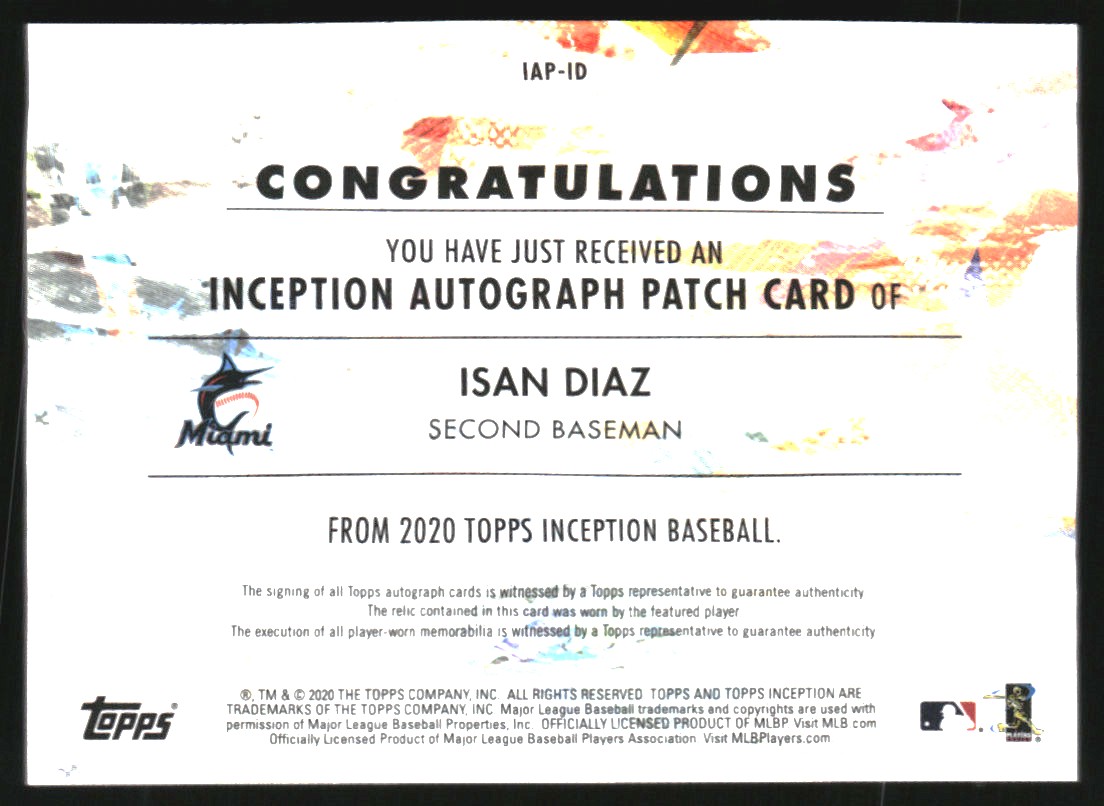 2020 Topps Inception Patch Autographs #IAPID Isan Diaz/199 back image