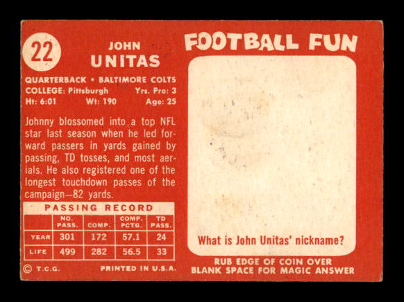 1958 Topps #22 Johnny Unitas UER back image