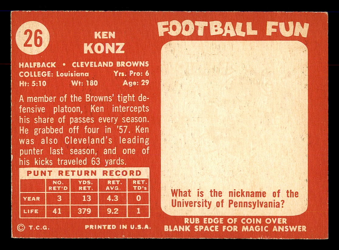 1958 Topps #26 Kenny Konz back image