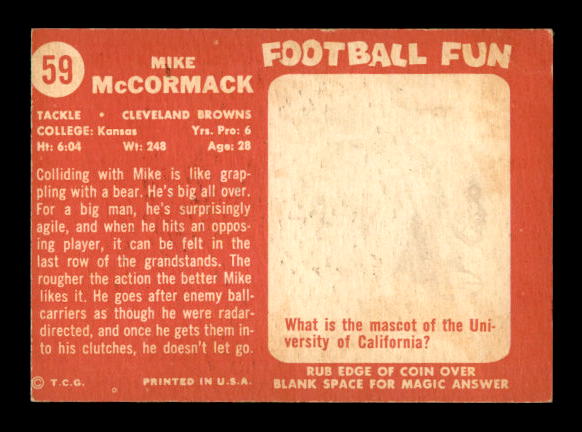 1958 Topps #59 Mike McCormack back image