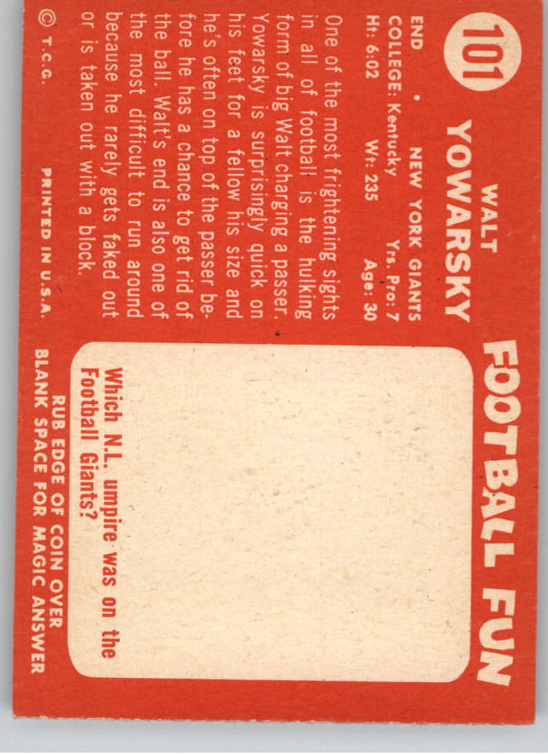 1958 Topps #101 Walt Yowarsky RC back image