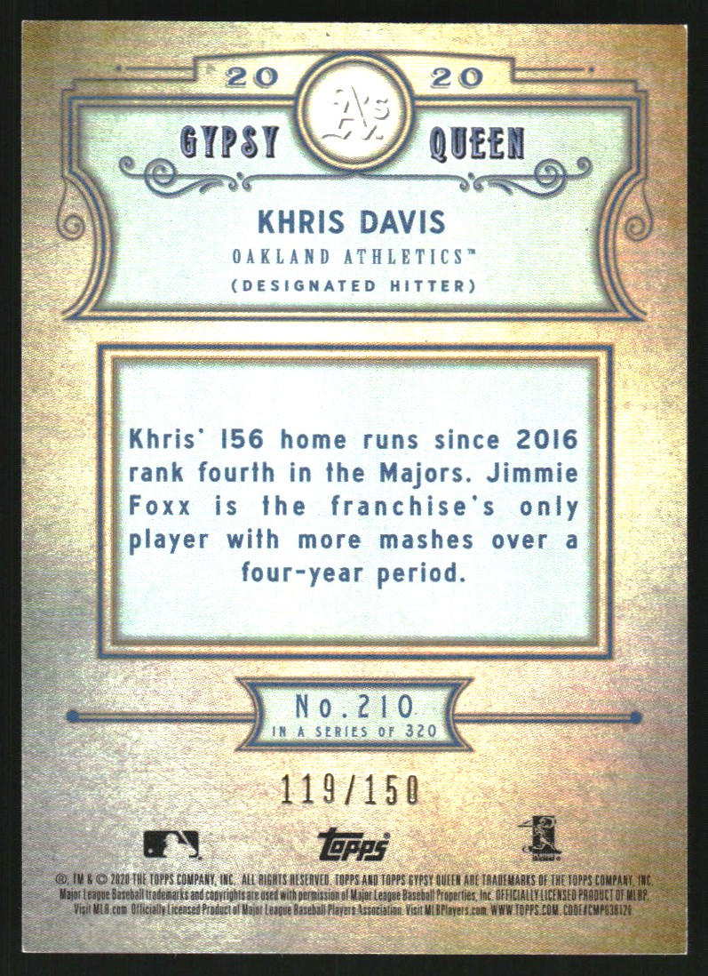 2020 Topps Gypsy Queen Chrome Box Toppers Indigo Refractors #210 Khris Davis