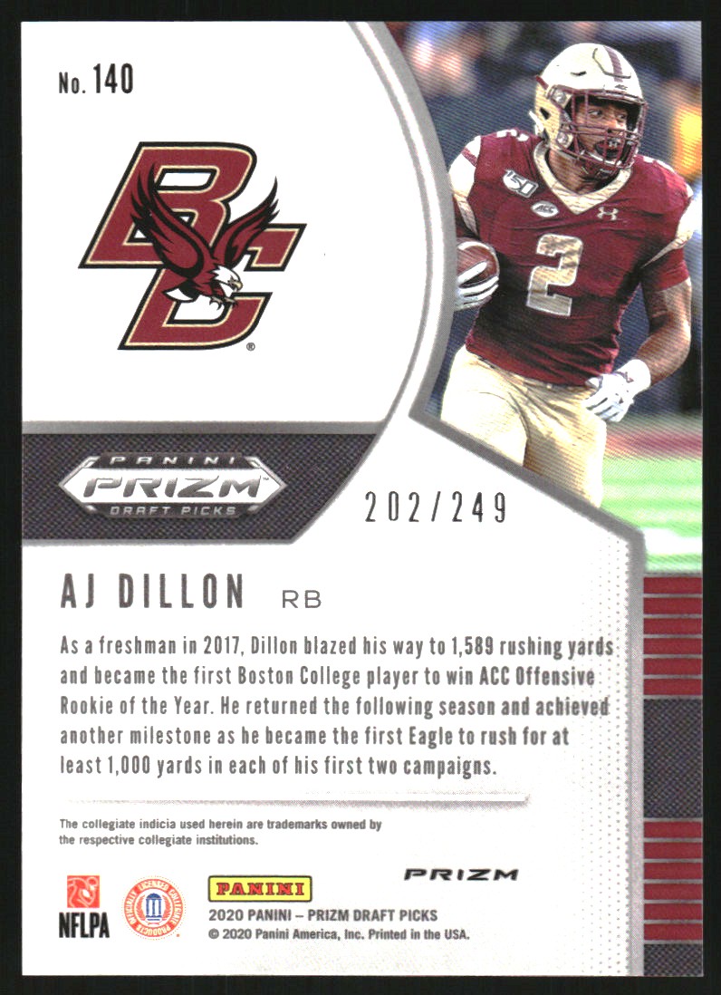 2020 Panini Prizm Draft Picks Prizms Green and Yellow #140 A.J. Dillon