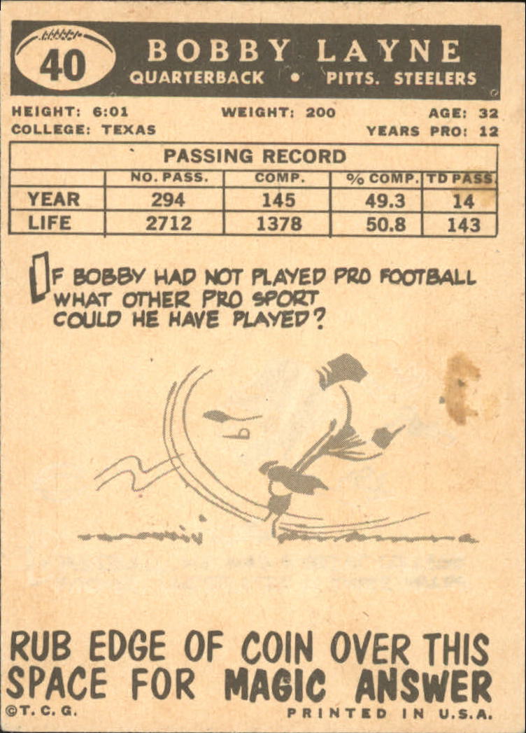 1959 Topps #40 Bobby Layne back image