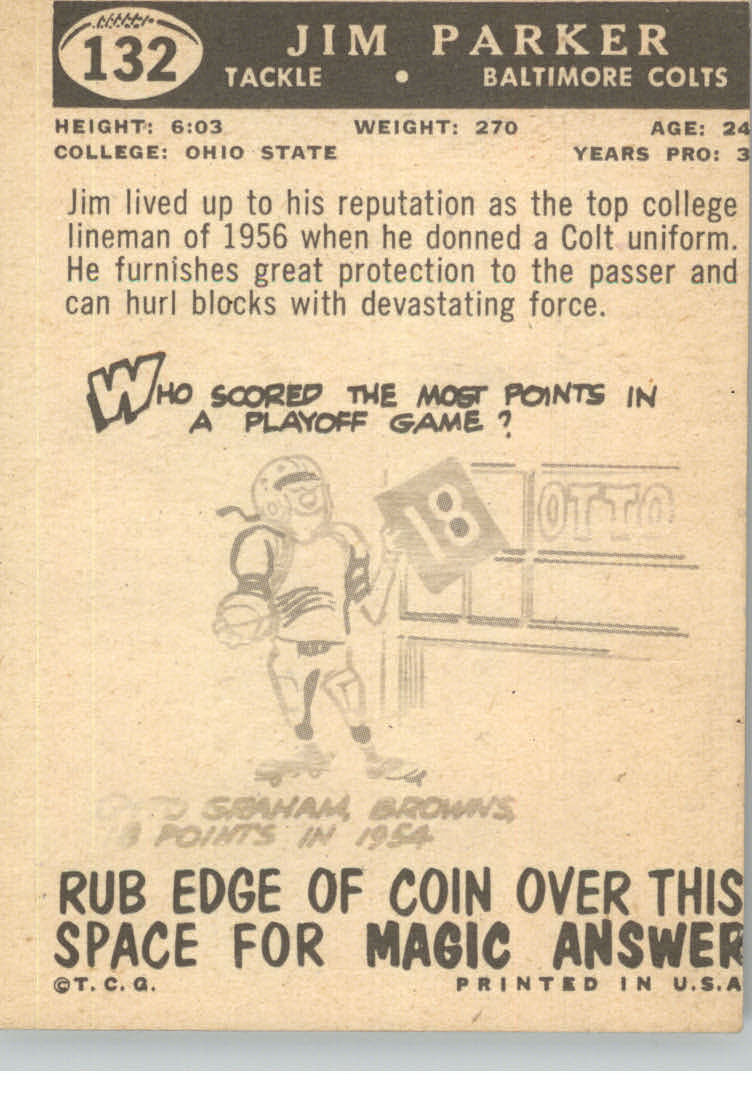 1959 Topps #132 Jim Parker RC back image