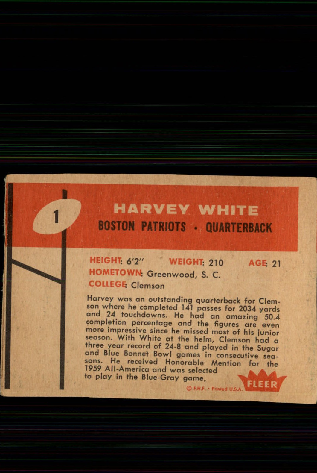 1960 Fleer #1 Harvey White RC back image