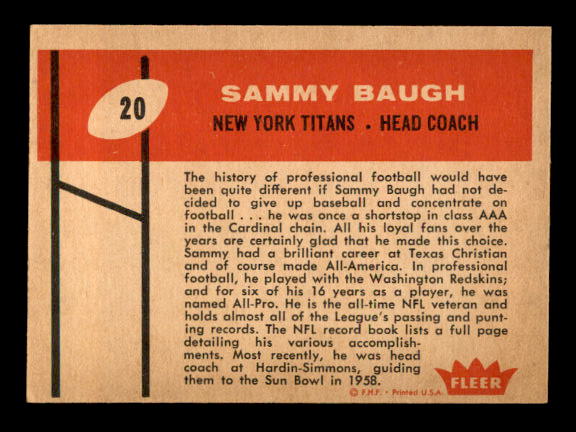 1960 Fleer #20 Sammy Baugh CO back image