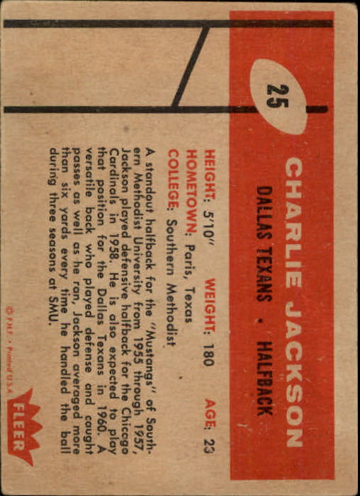 1960 Fleer #25 Charlie Jackson RC back image