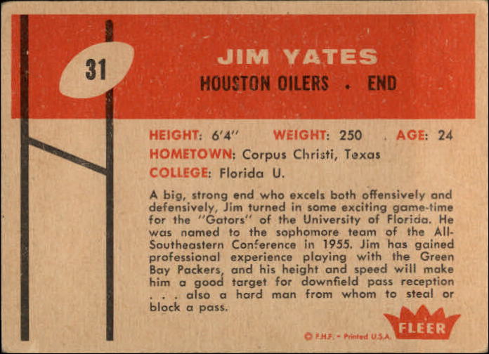 1960 Fleer #31 Jim Yates RC back image