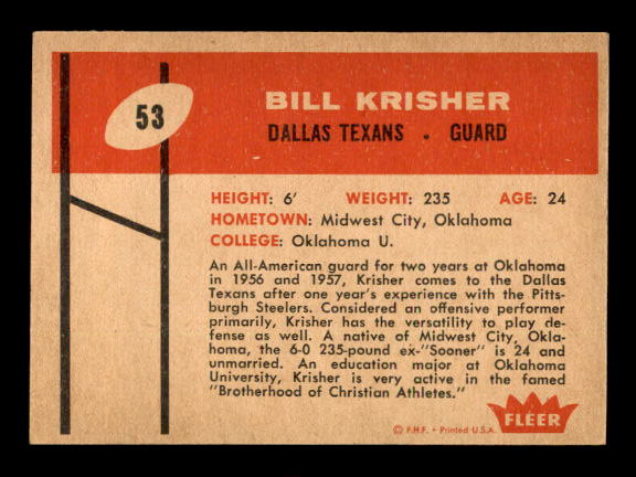 1960 Fleer #53 Bill Krisher RC back image
