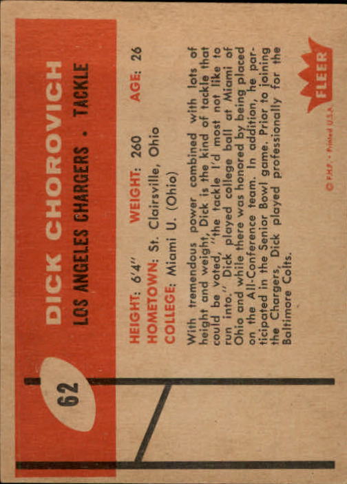 1960 Fleer #62 Dick Chorovich RC back image
