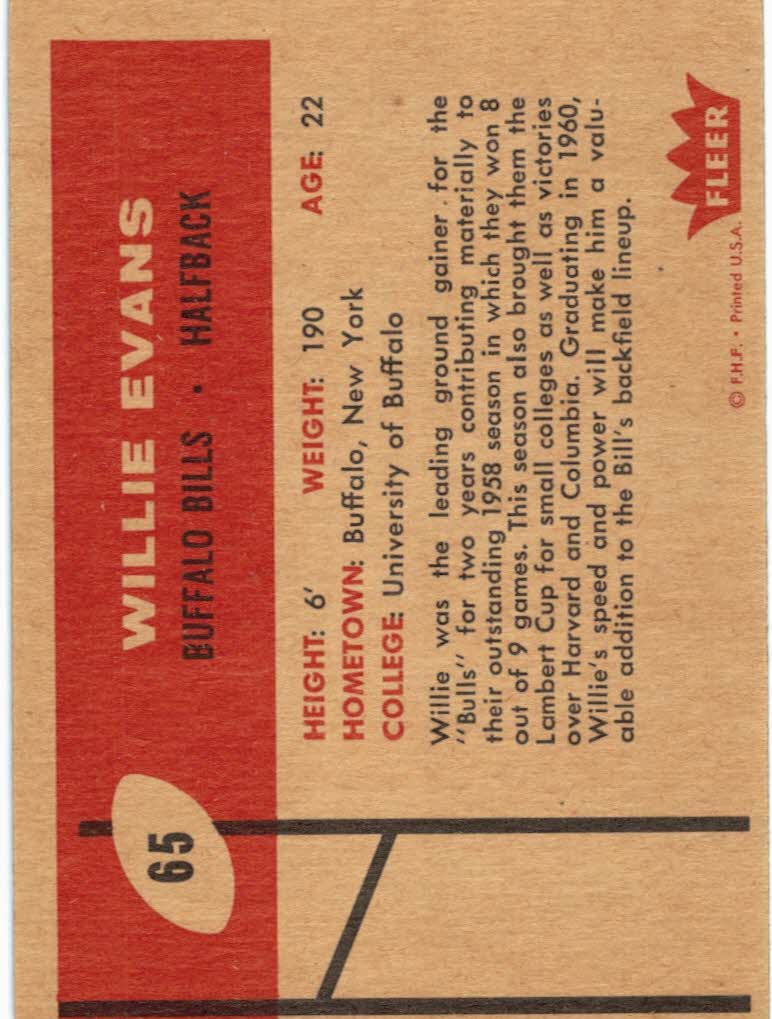 1960 Fleer #65 Willie Evans RC back image