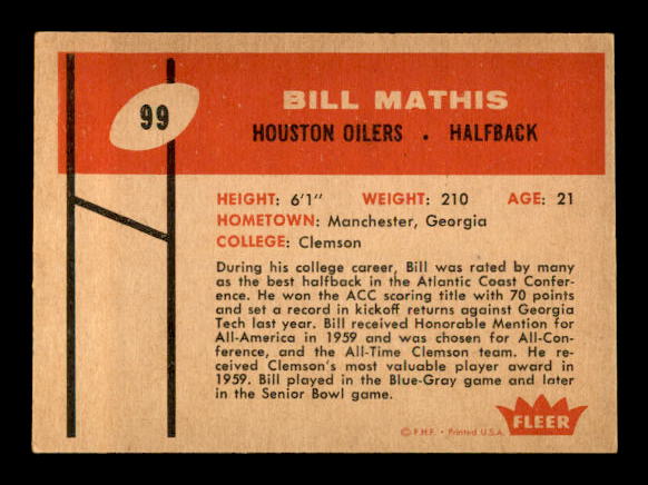 1960 Fleer #99 Bill Mathis RC back image
