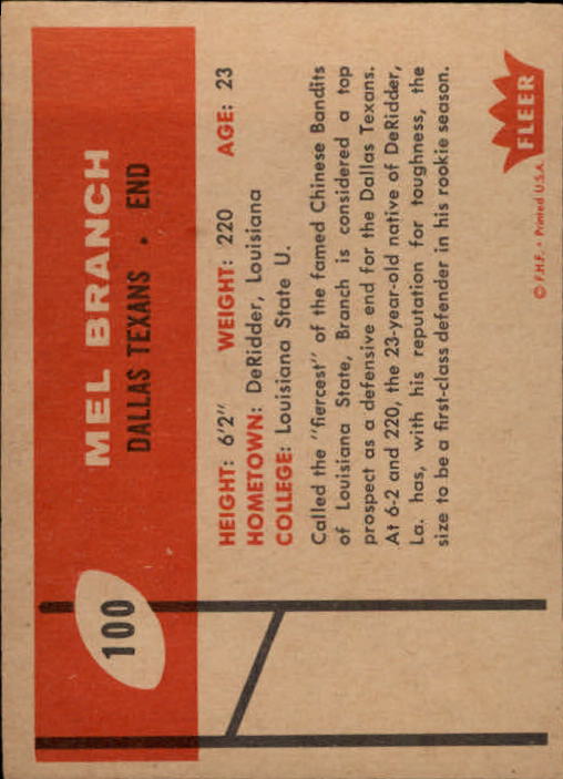 1960 Fleer #100 Mel Branch RC back image