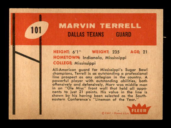 1960 Fleer #101 Marvin Terrell RC back image