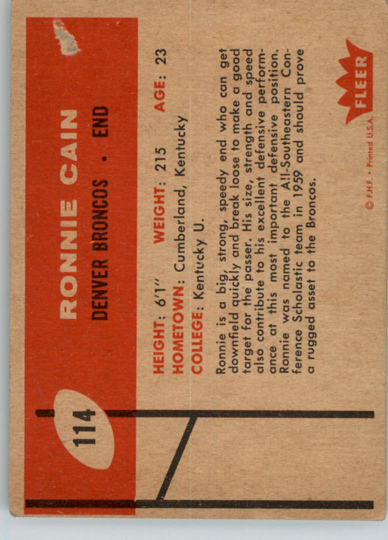 1960 Fleer #114 Ronnie Cain RC back image