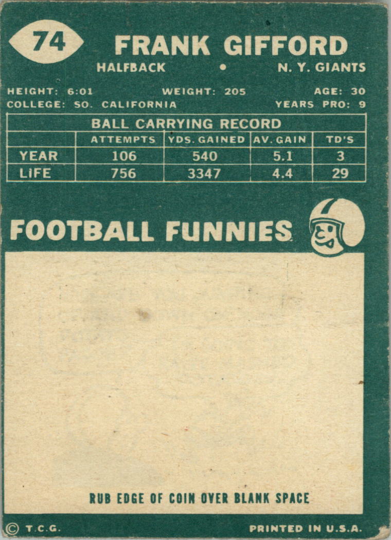 1960 Topps #74 Frank Gifford back image