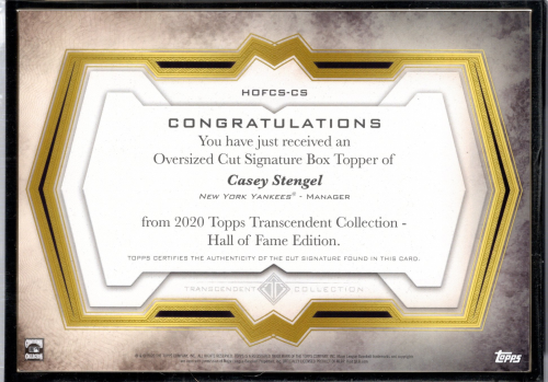 2020 Topps Transcendent Hall of Fame Oversized Cut Signatures #HOFCSCS Casey Stengel back image