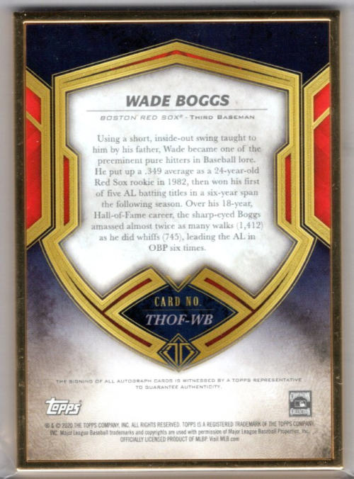 2020 Topps Transcendent Hall of Fame Autographs #THOFWB Wade Boggs back image