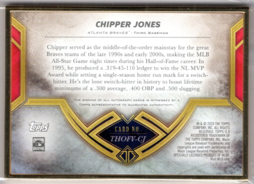 2020 Topps Transcendent Hall of Fame Autographs Variation #THOFVCJ Chipper Jones back image