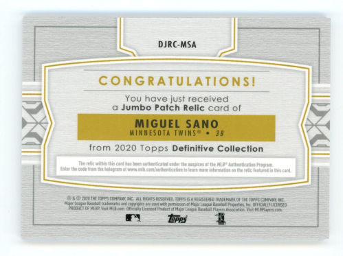 2020 Topps Definitive Collection Jumbo Relics Blue #DJRCMSA Miguel Sano/30 back image