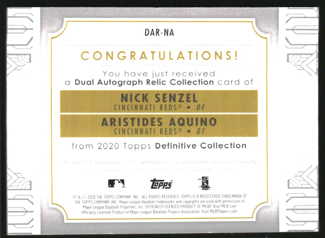 2020 Topps Definitive Collection Dual Autograph Relics #DARNA Nick Senzel/Aristides Aquino/35
