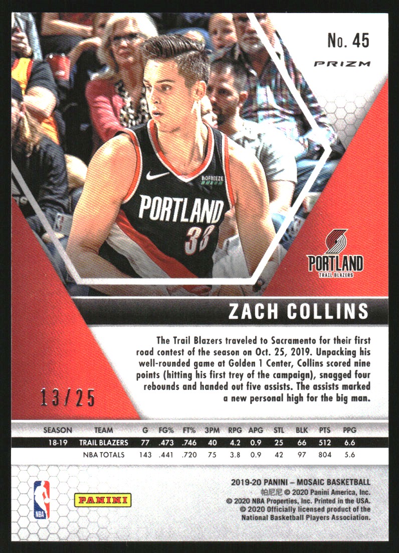 2019-20 Panini Mosaic Mosaic Orange Fluorescent #45 Zach Collins
