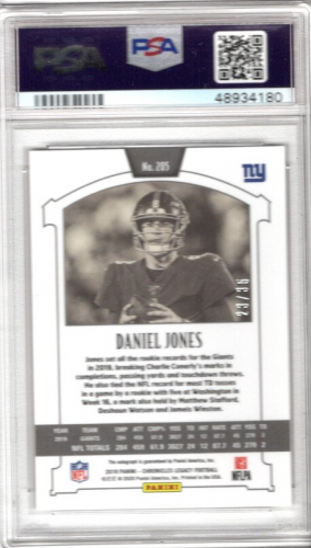 2019 Panini Legacy Autographs Red #205 Daniel Jones/35/(inserted in 2019 Panini Chronicles) back image