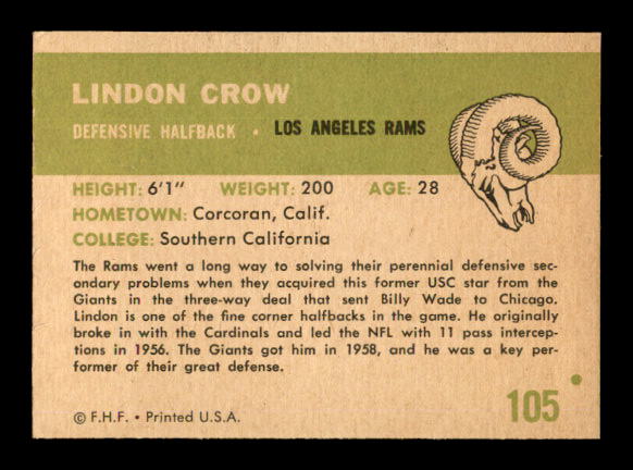 1961 Fleer #105 Lindon Crow back image