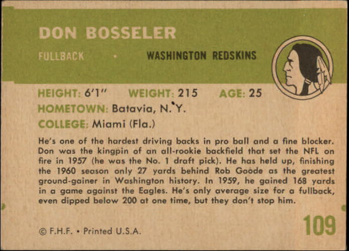 1961 Fleer #109 Don Bosseler back image
