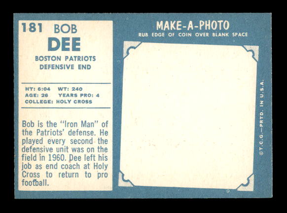 1961 Topps #181 Bob Dee back image