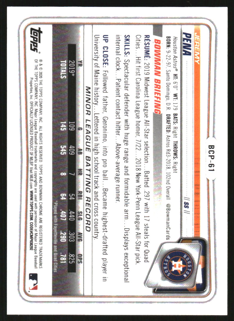 2020 Bowman Chrome Prospects Atomic Refractors #BCP61 Jeremy Pena
