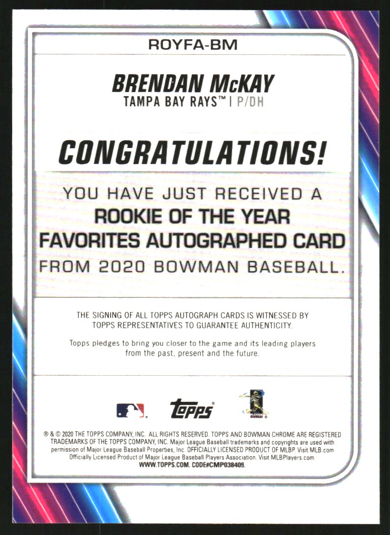 2020 Bowman Chrome Rookie of the Year Favorites Autographs Gold Refractors #ROYFABM Brendan McKay back image