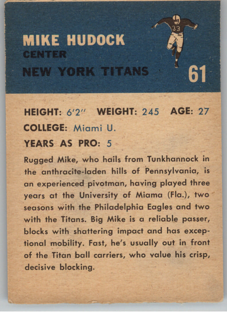 1962 Fleer #61 Mike Hudock back image