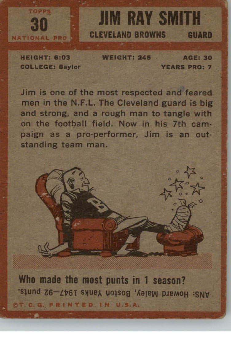 1960 TOPPS FOOTBALL #28 JIM RAY SMITH CLEVELAND BROWNS GUARD