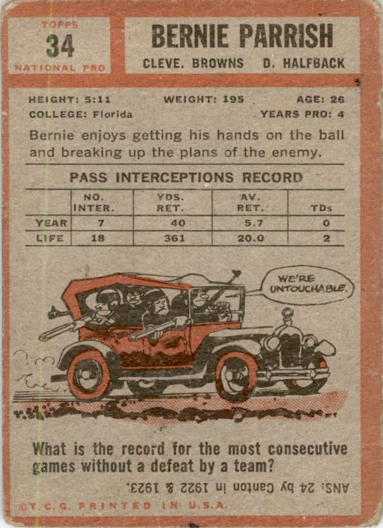 1962 Topps #34 Bernie Parrish RC back image
